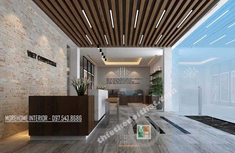 Mẫu thiết kế sảnh chờ văn phòng với khu trưng bày sản phâm công ty sử dụng đồ nội thất gỗ công nghiệp an cường hiện đại