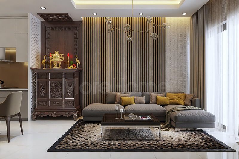 Mẫu tủ thờ gỗ đẹp với kiểu dáng hiện đại, các đường nét hoa văn được cách tân, đơn giản nhưng không mất đi hoa văn truyền thống.