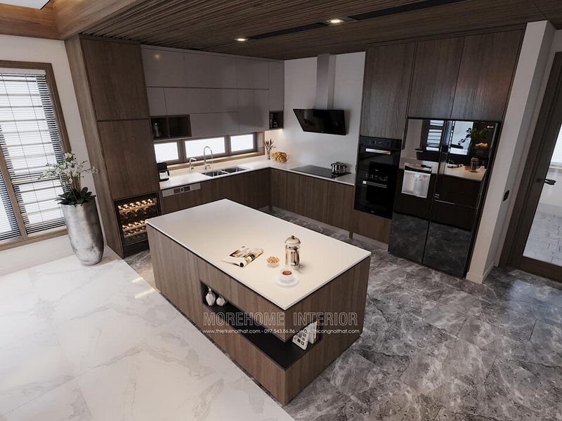 Nội thất phòng bếp với thiết kế hiện đại bằng gỗ công nghiệp
