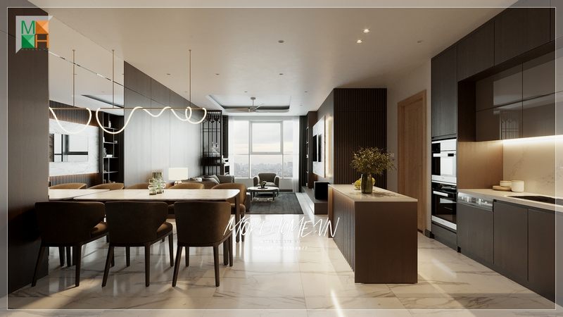 Chung cư trang trí phòng ăn liền phòng bếp mang phong cách hiện đại nội thất tiện nghi sử dụng thoải mái hằng ngày.