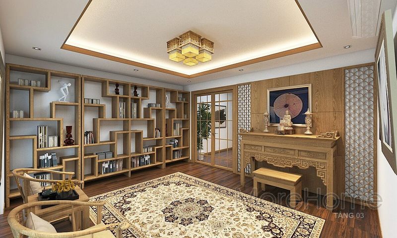 Thiết kế phòng thờ cúng hiện đại với nội thất gỗ tự nhiên tông màu nâu sáng cho nhà phố