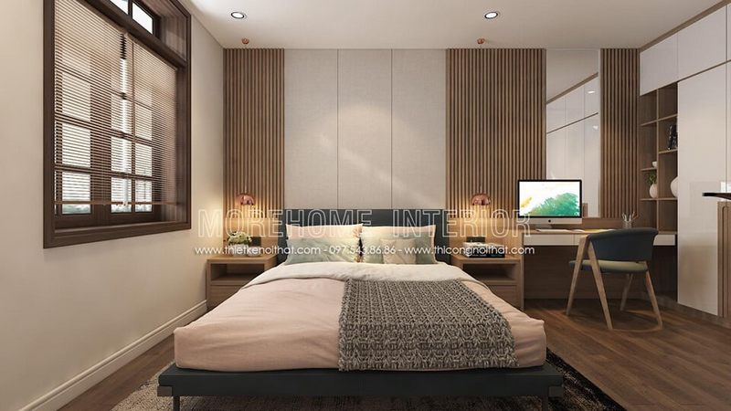 Mẫu giường ngủ gỗ công nghiệp đơn giản với gam màu đen kết hợp chân inox