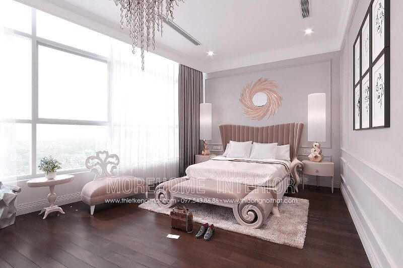 Mẫu giường ngủ gỗ tự nhiên nhập khẩu phun sơn phong cách tân cổ điển sang trọng, được thiết kế với kiểu dáng thấp, phía cuối giường được bố trí thêm chiếc đôn cùng chất liệu mang lại sự tiện nghi và thoải mái nhất cho gia chủ
