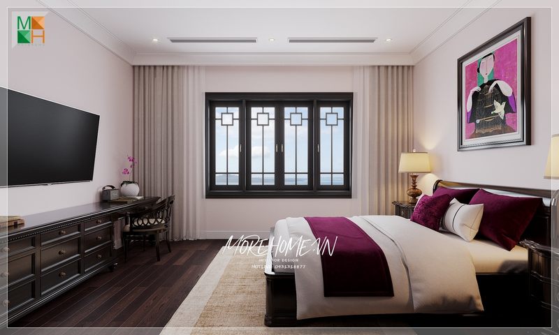 Kệ tủ phòng ngủ có màu tối giúp tạo nên sự hài hòa và tổng thể giữa các món đồ nội thất trong phòng.