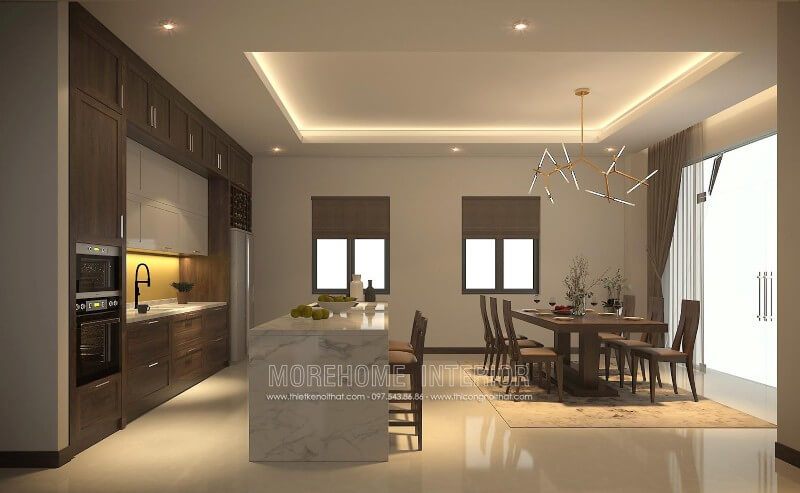 . Sự kết hợp giữa tủ bếp gỗ óc chó và Acrylic với gam màu lạ mắt là lựa chọn tuyệt vời để tạo nên một không gian nhà bếp tinh tế và sang trọng.